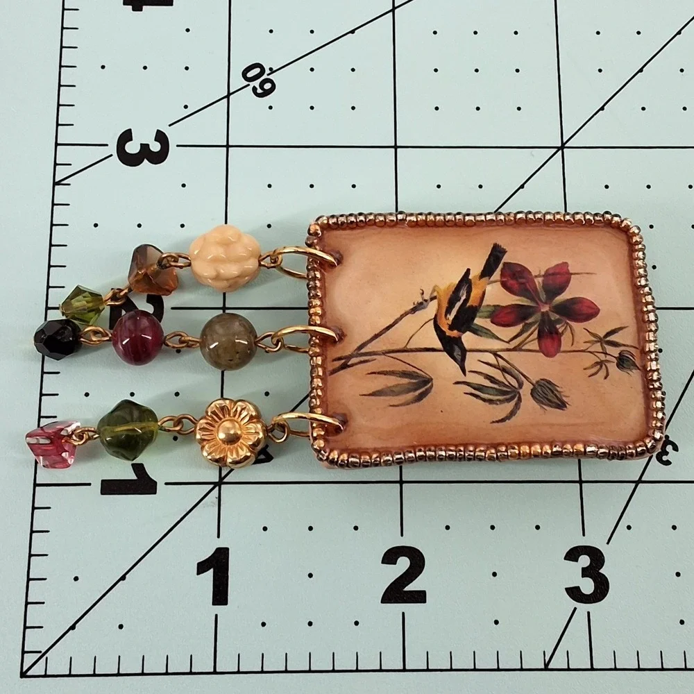 Vtg‎ Katy Stidley Let It Bead Artisan Bird Flower Beaded Dangle Brooch Pin 90s